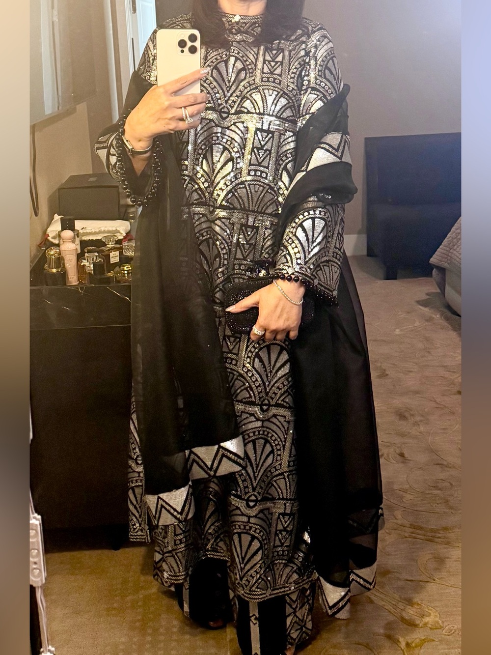 Black & Silver Art Deco Sequin Maxi Dress